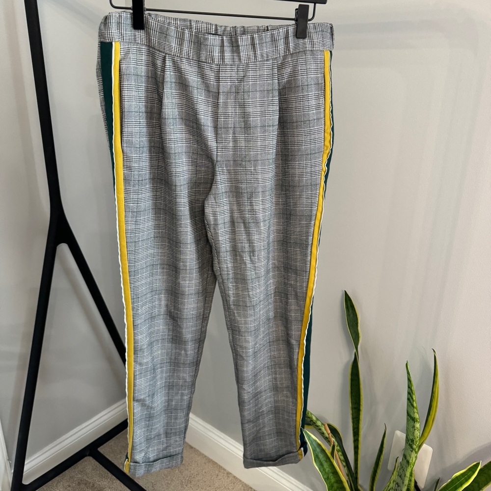 Zara Grey Check Cuff Trouser Pant w/ Green Yellow Stripe Size small